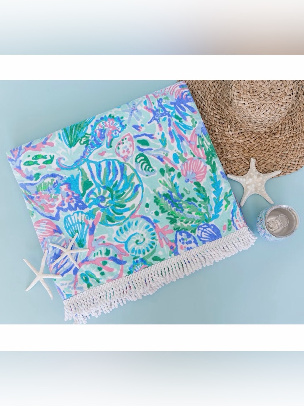 Lilly Pulitzer Soleil It On Me Fringe Large Beach Towel Blue Pink 100% Cotton